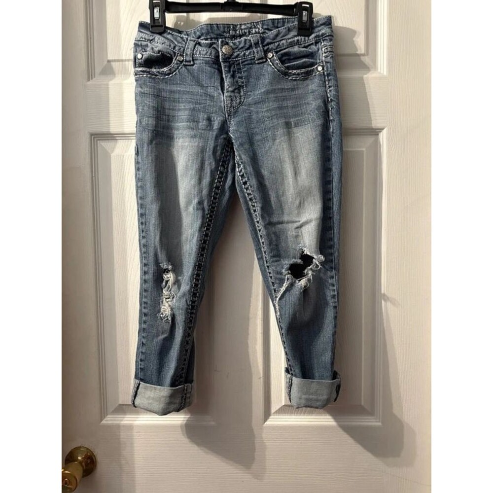 Paisley Sky Distressed Mid-Rise Cuffed Crop Capri Jeans - Size 6